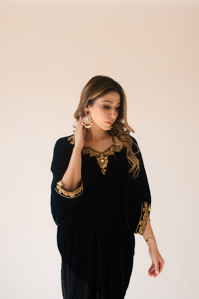 Sammy K | Velvet Festive Edit | Black Velvet Caftan - Ladies Clothes - Maria Faisal