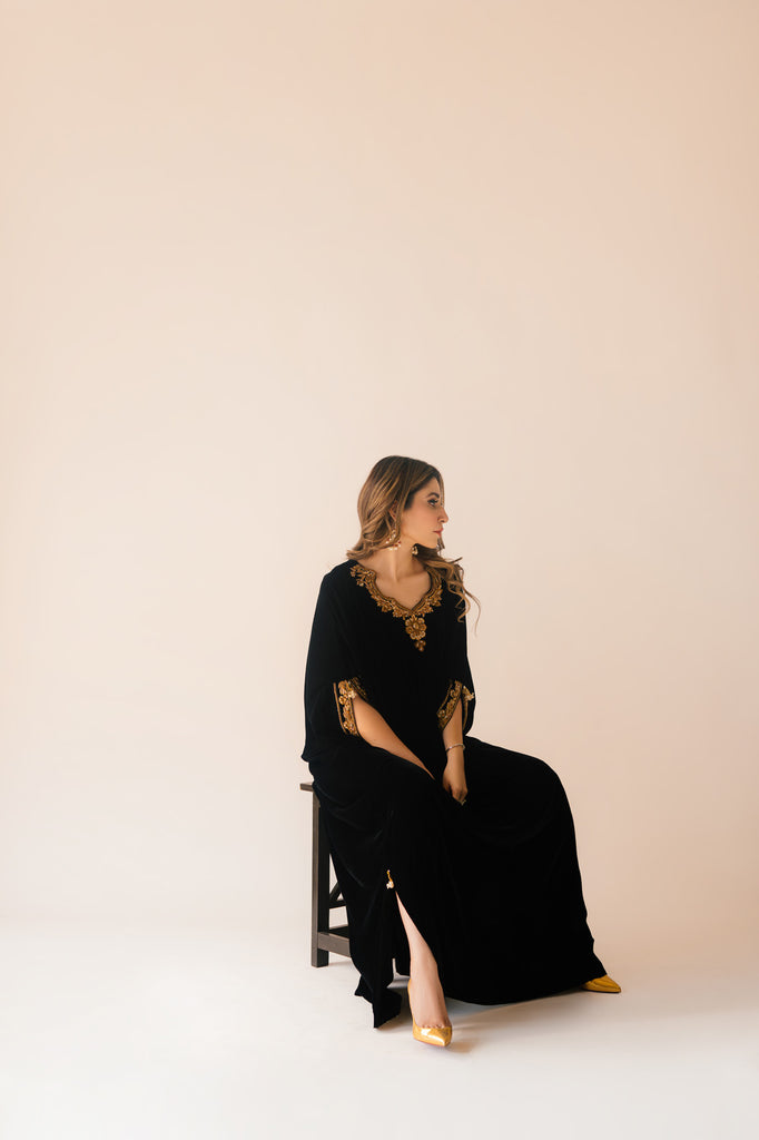 Sammy K | Velvet Festive Edit | Black Velvet Caftan - Ladies Clothes - Maria Faisal