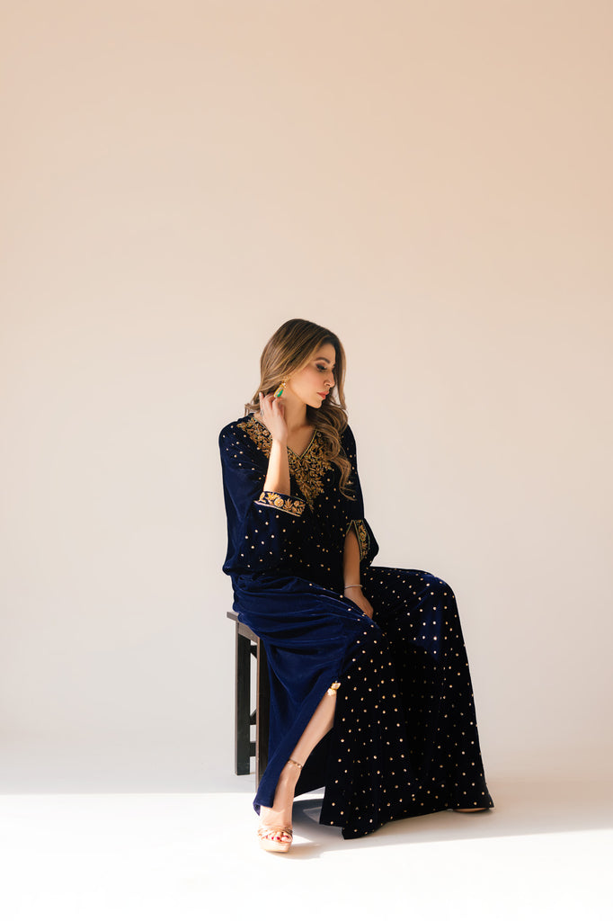 Sammy K | Velvet Festive Edit | Navy Blue Caftan - Ladies Clothes - Maria Faisal