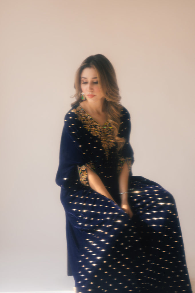 Sammy K | Velvet Festive Edit | Navy Blue Caftan - Ladies Clothes - Maria Faisal