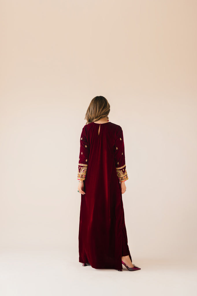 Sammy K | Velvet Festive Edit | Maroon Maxi velvet Outfit - Ladies Clothes - Maria Faisal