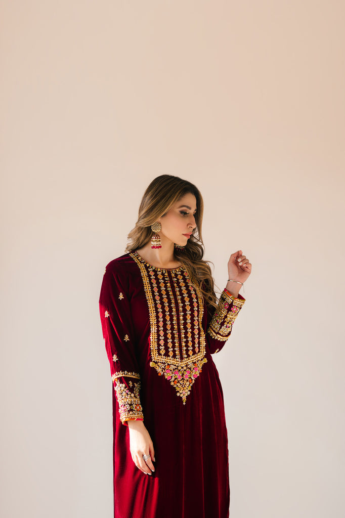Sammy K | Velvet Festive Edit | Maroon Maxi velvet Outfit - Ladies Clothes - Maria Faisal
