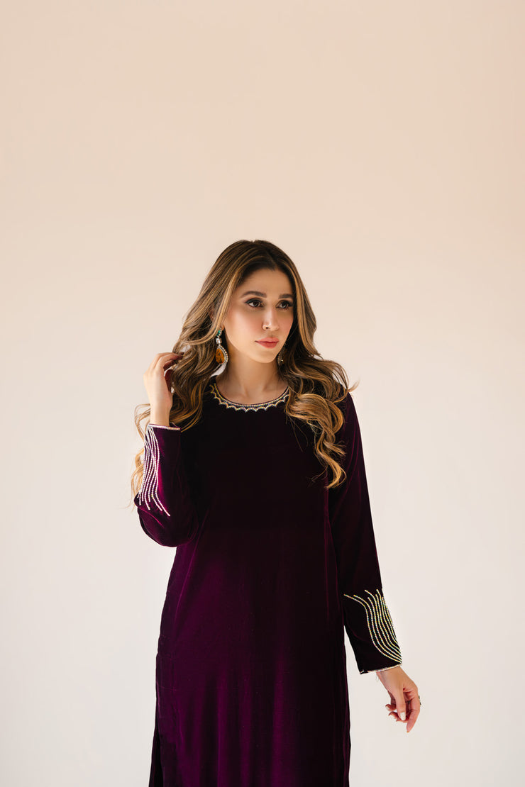 Sammy K | Velvet Festive Edit | Burgundy velvet monument outfit - Ladies Clothes - Maria Faisal