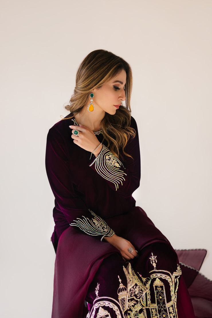 Sammy K | Velvet Festive Edit | Burgundy velvet monument outfit - Ladies Clothes - Maria Faisal