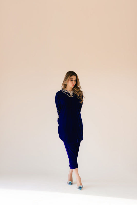 Sammy K | Velvet Festive Edit | Royal blue velvet Poncho Outfit - Ladies Clothes - Maria Faisal