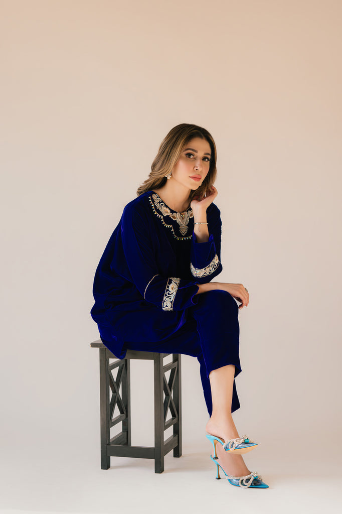 Sammy K | Velvet Festive Edit | Royal blue velvet Poncho Outfit - Ladies Clothes - Maria Faisal