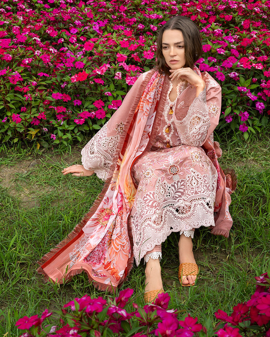Mushq | The Secret Garden Lawn | Peach Blossom - Luxury Dress - available at Maria Faisal in UK and USA.