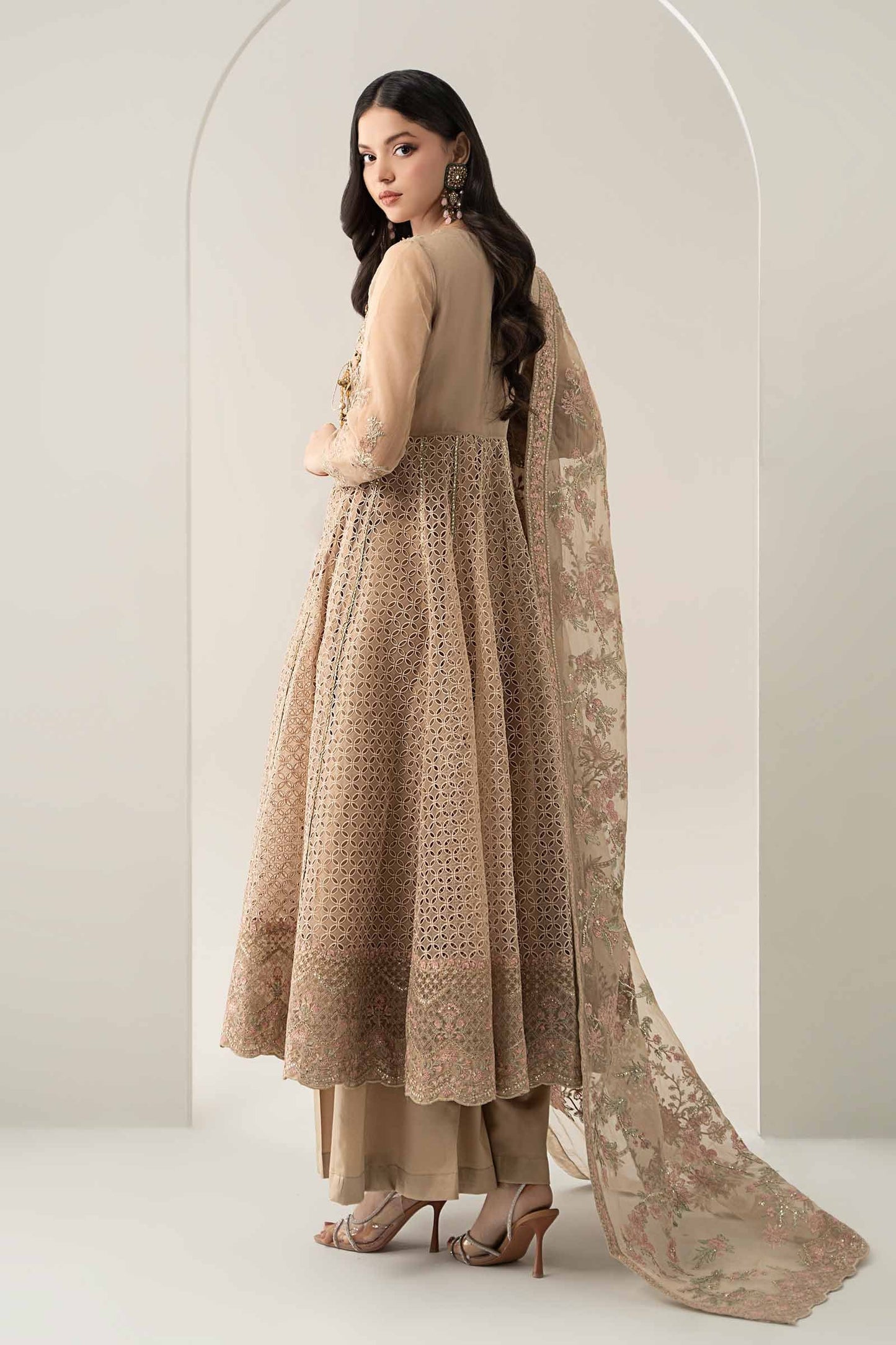 Maria B | Pre Fall Dresses | 3 Piece Embroidered Organza Suit Beige - Ladies Clothes - Maria Faisal