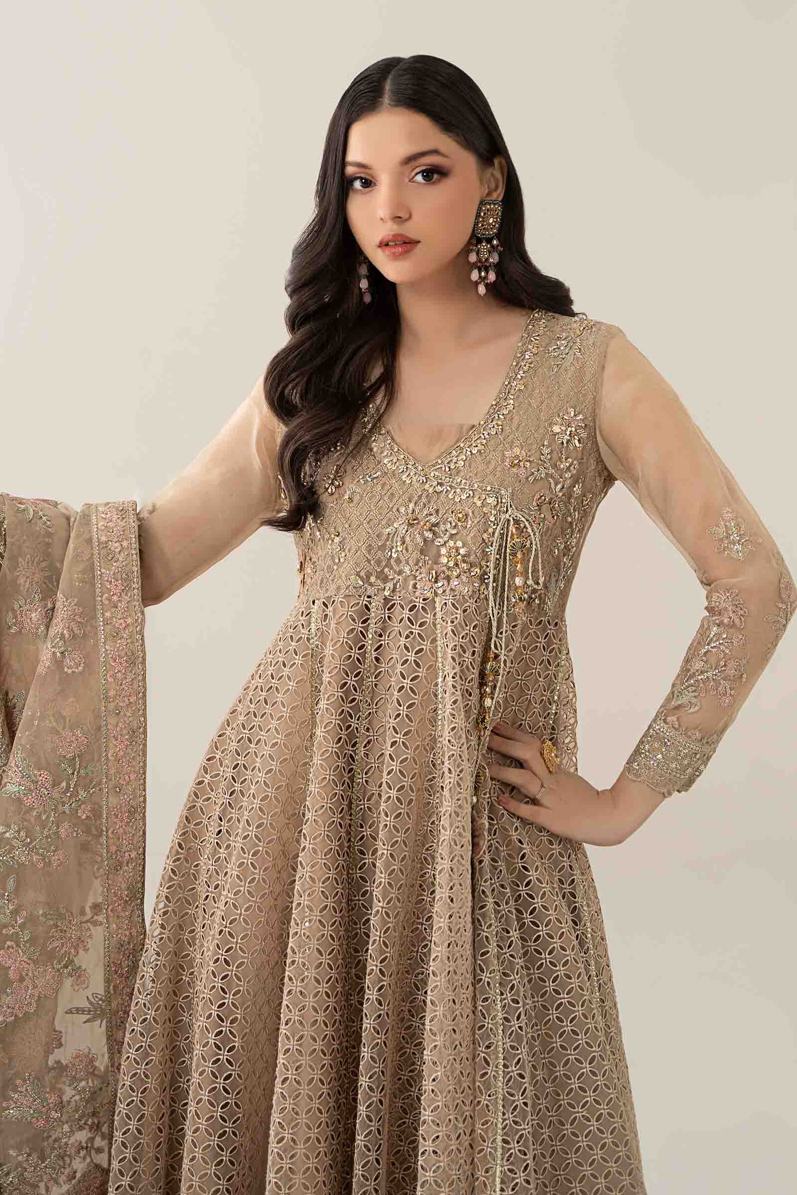 Maria B | Pre Fall Dresses | 3 Piece Embroidered Organza Suit Beige - Ladies Clothes - Maria Faisal