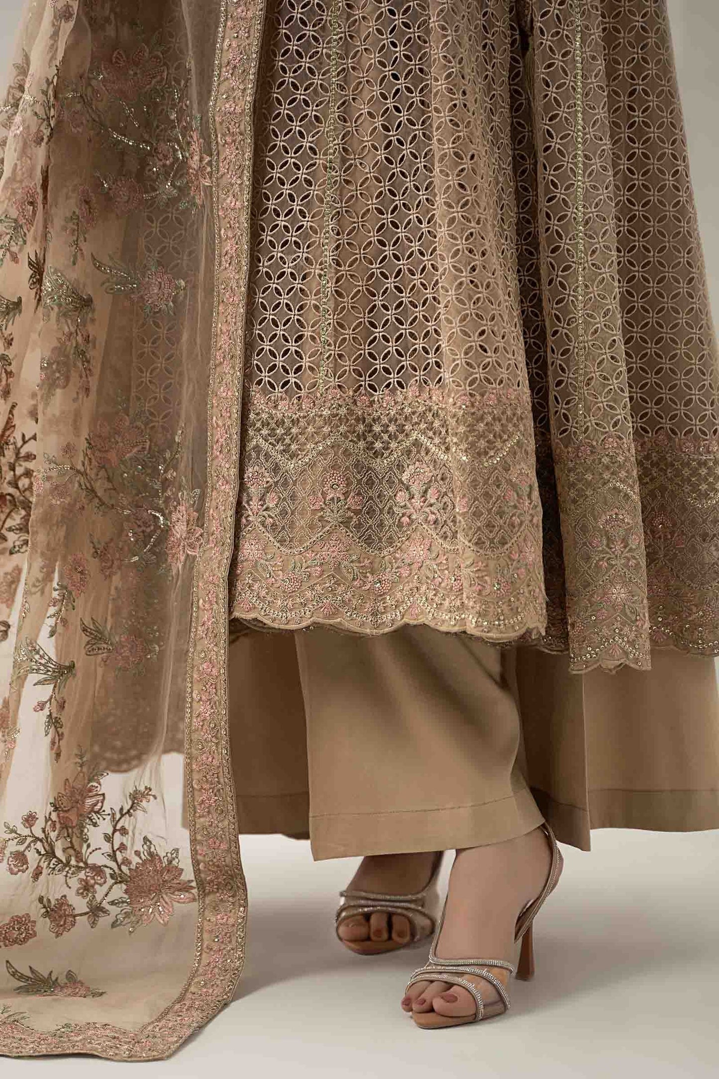 Maria B | Pre Fall Dresses | 3 Piece Embroidered Organza Suit Beige - Ladies Clothes - Maria Faisal