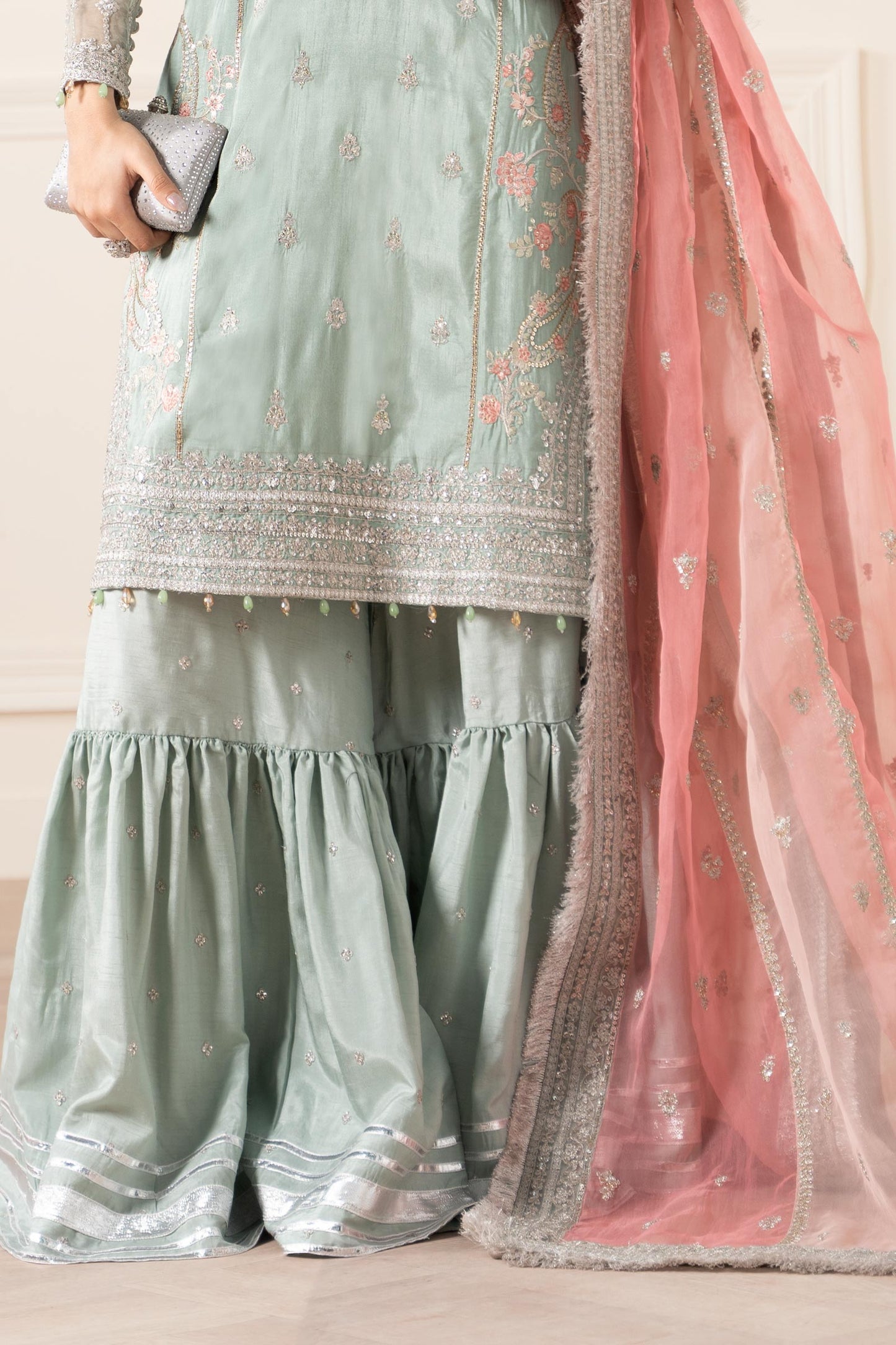 Maria B | Pre Fall Dresses | 3 Piece Embroidered Raw Silk Suit Sea Green - Ladies Clothes - Maria Faisal