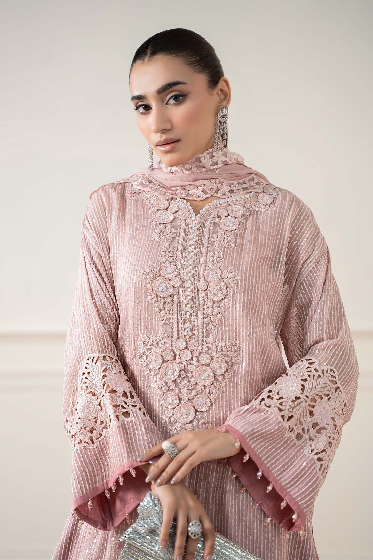 Maria B | Pre Fall Dresses | 3 Piece Embroidered Chiffon Suit Pink - Ladies Clothes - Maria Faisal