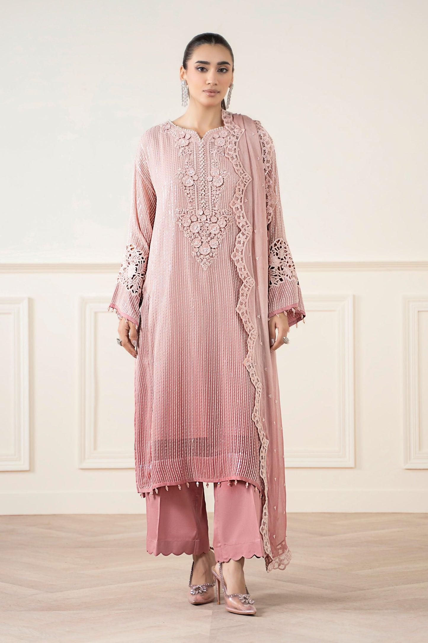 Maria B | Pre Fall Dresses | 3 Piece Embroidered Chiffon Suit Pink - Ladies Clothes - Maria Faisal