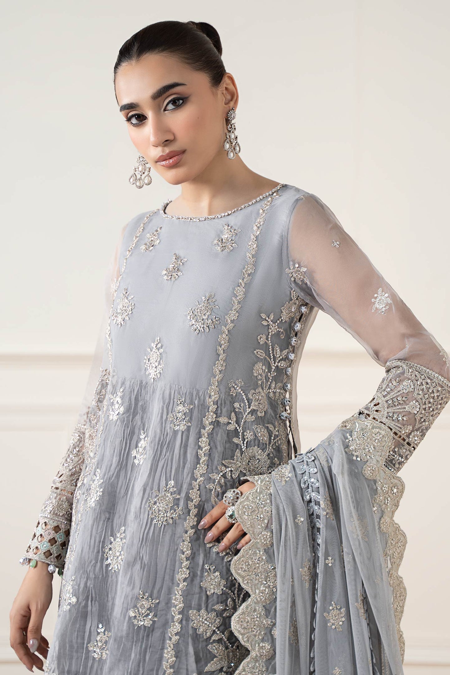 Maria B | Pre Fall Dresses | 3 Piece Embroidered Organza Suit Gray - Ladies Clothes - Maria Faisal