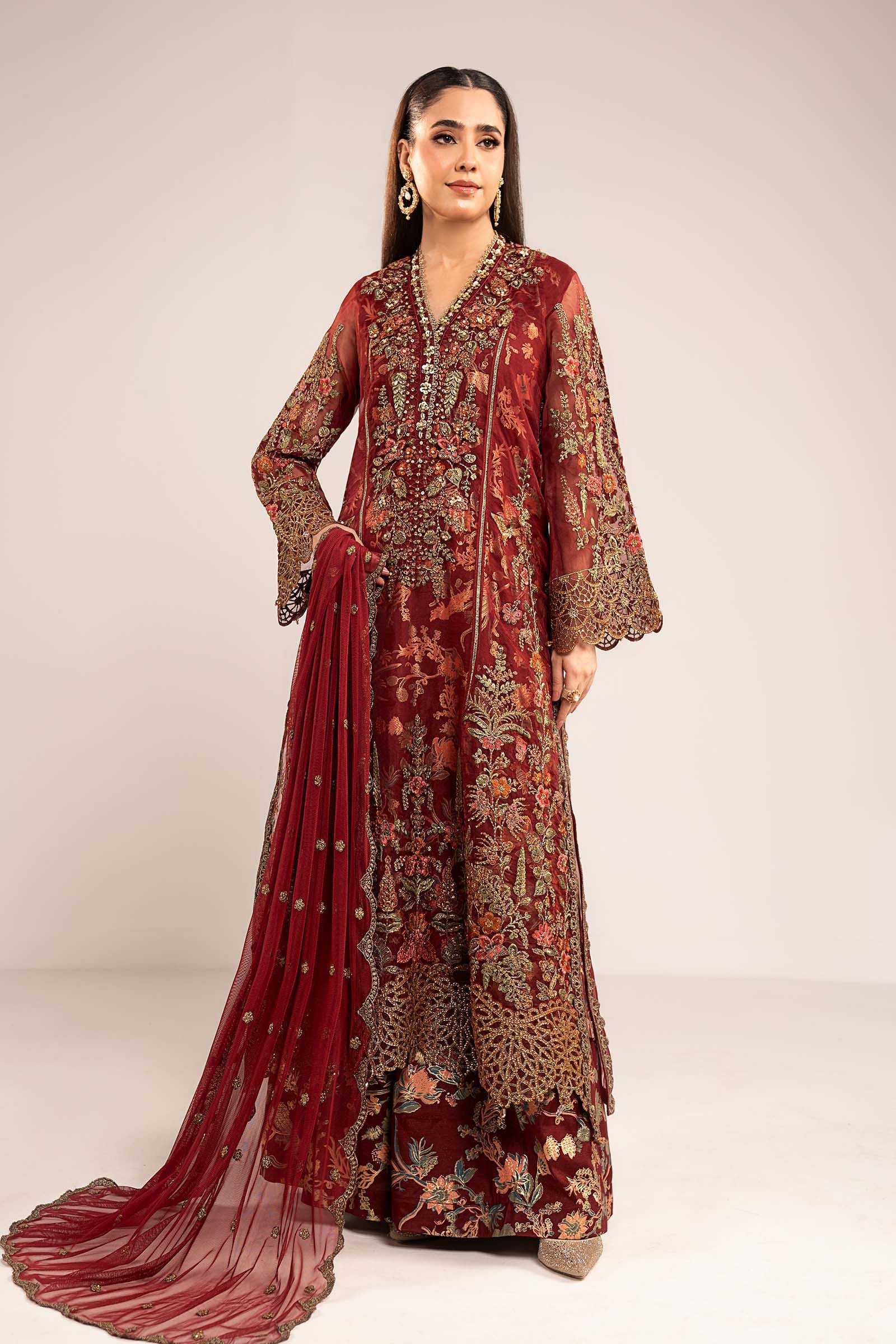 maria b formal dresses Maroon Embroidered Organza Long Shirt - | Luxury Formals | SF-EF26-02-Maroon and Zari Work Size:Small 14-14.5 ( 32/33) Styling Tips for New us-full-price