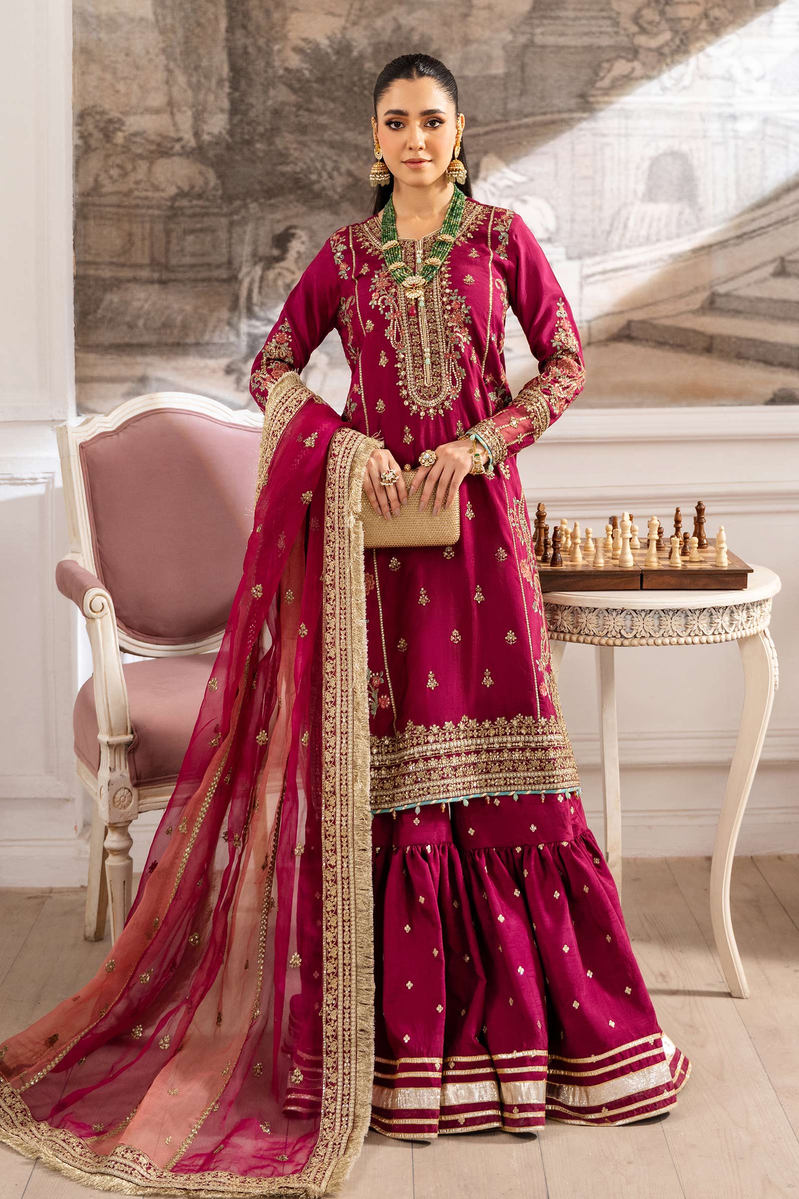 Maria B | Pre Fall Dresses | 3 Piece Embroidered Raw Silk Suit Redish Pink 
