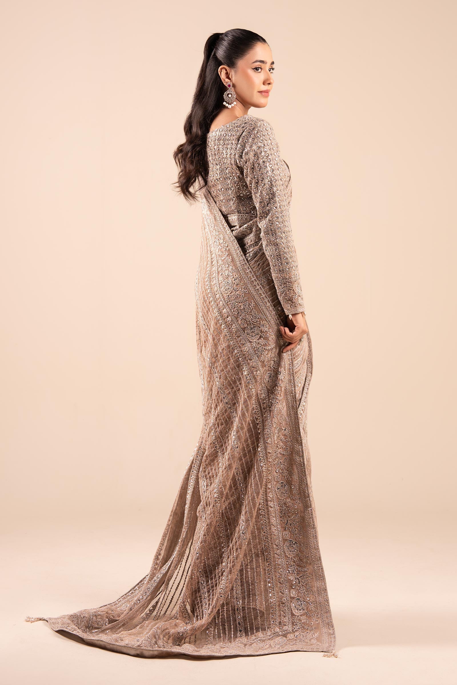 Maria B | Pre Fall Dresses | Embroidered Net Saree Light Skin - Ladies Clothes - Maria Faisal