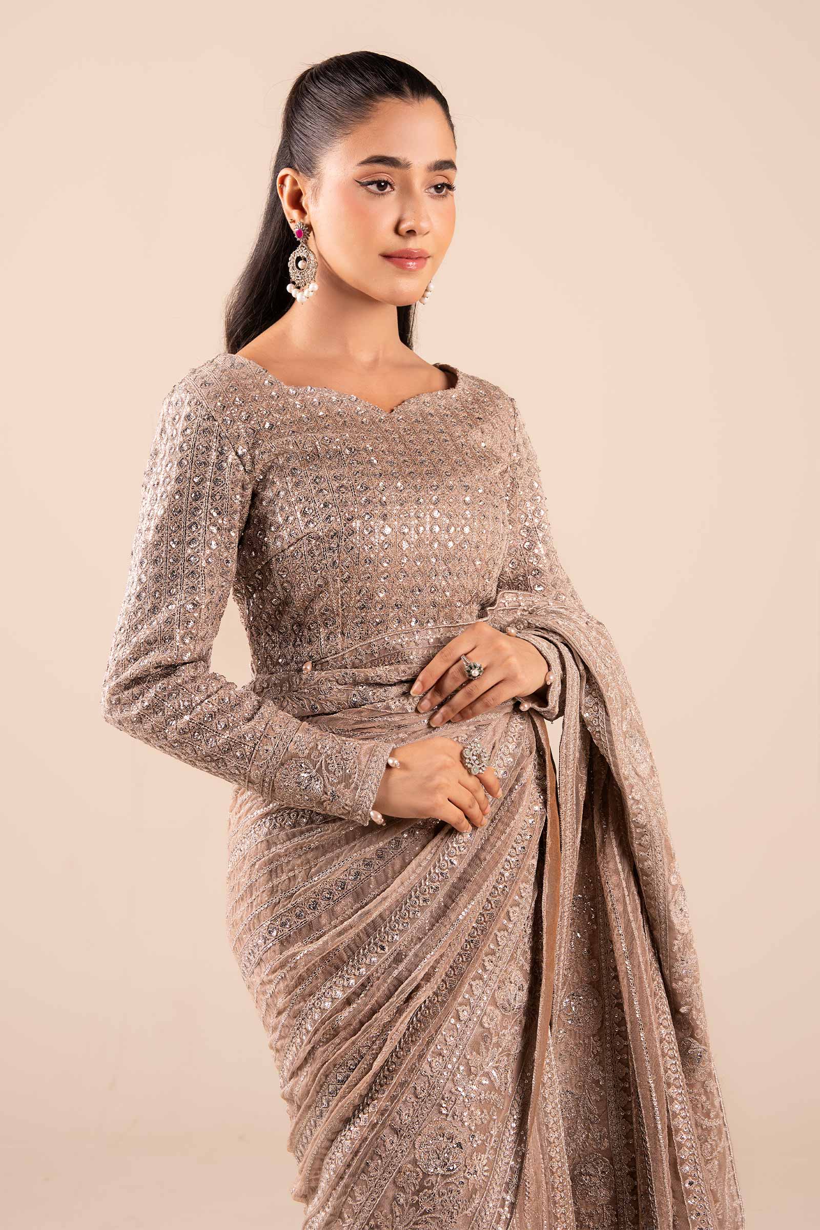 Maria B | Pre Fall Dresses | Embroidered Net Saree Light Skin - Ladies Clothes - Maria Faisal