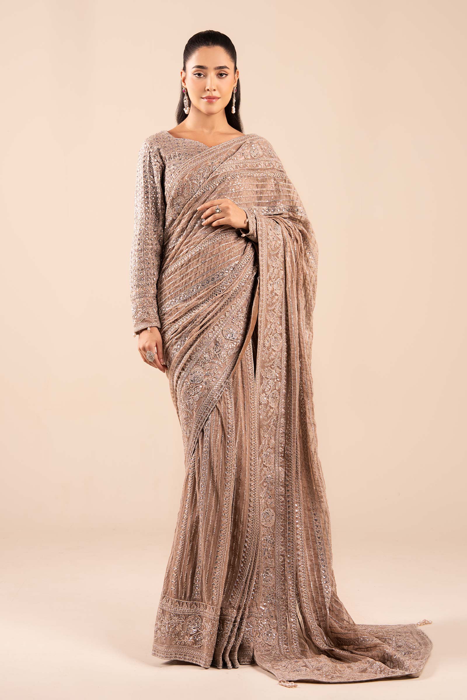 Maria B | Pre Fall Dresses | Embroidered Net Saree Light Skin - Ladies Clothes - Maria Faisal