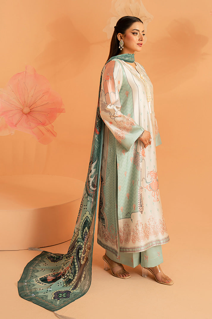 Imrozia Premium | Amelia Printed Silk | SP-149 Celeste Bloom - Luxury Dress - available at Maria Faisal in UK and USA.