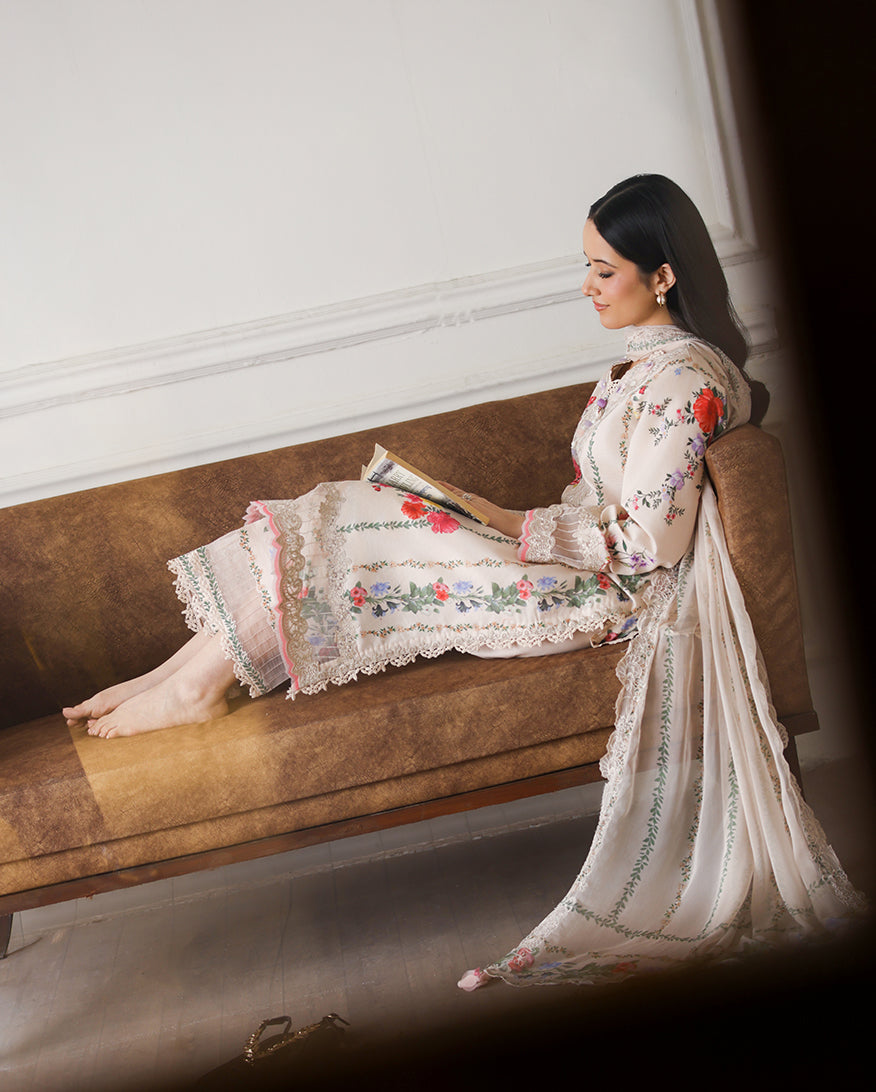 Roheenaz | Sunlit Tales Printed Embroidered Edit | Sunflare Petal - Luxury Dress - available at Maria Faisal in UK and USA.
