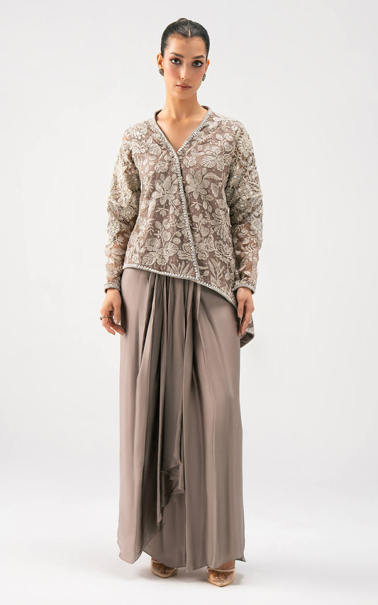 Asifa and Nabeel | Lyle Luxury Formals 25 | Taupe Bloom Drape Set - Ladies Clothes - Maria Faisal