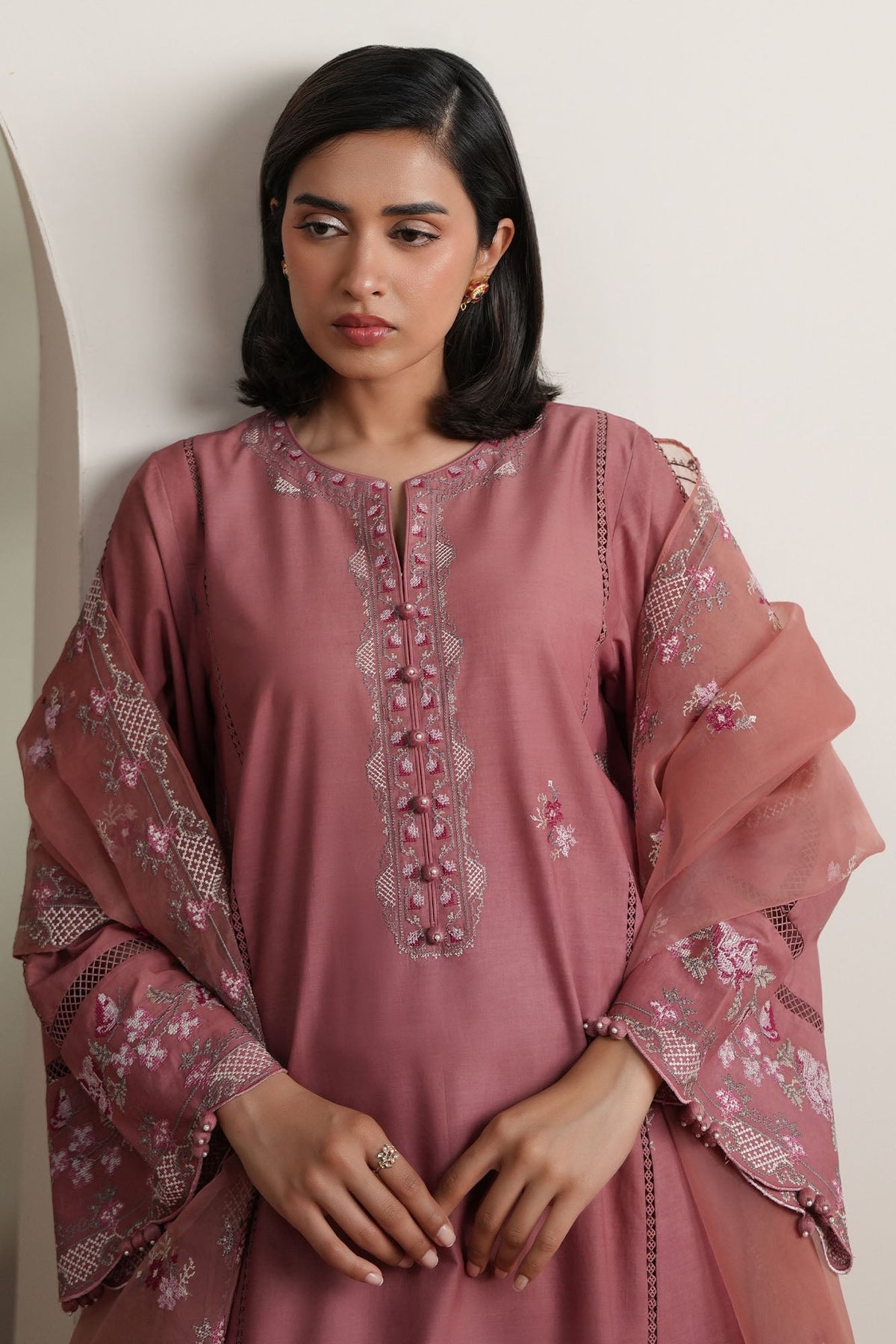 Cross Stitch | Mahiri Embroidered Collection 26 | BLUSH TAPESTRY - Luxury Dress - available at Maria Faisal in UK and USA.