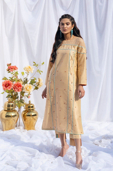 Hana | Viridity Ready to Wear | Marigold -VRT-008 - Designer Dress with Intricate embroidery and embellishments. Shop elegent wedding dress at Maria Faisal.