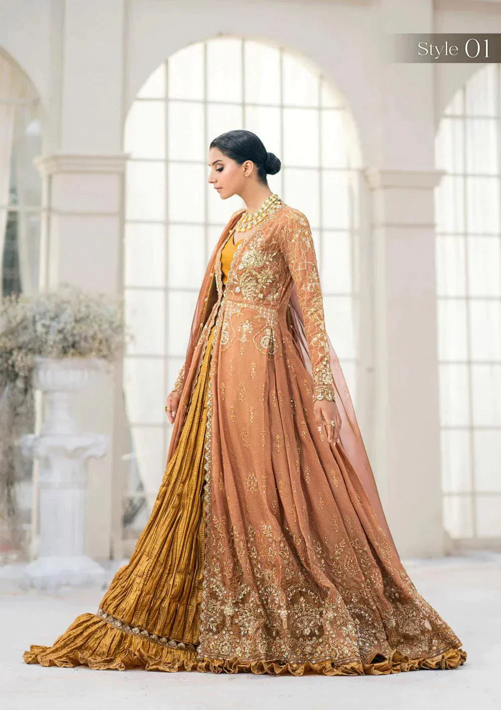 Aik Atelier Wedding Festive 23 LOOK 02 – Rust Designer Dress with intricate embroidery and embellishments. Shop elegant Wedding dress at Maria Faisal.