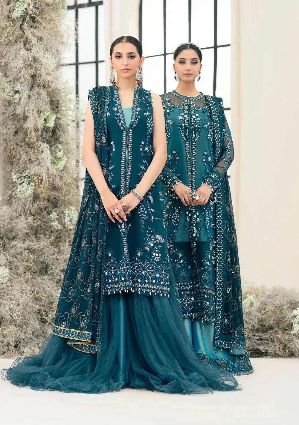 Aik Atelier Wedding Festive 23 LOOK 07 – Teal Designer Dress with intricate embroidery and embellishments. Shop elegant Wedding dress at Maria Faisal.