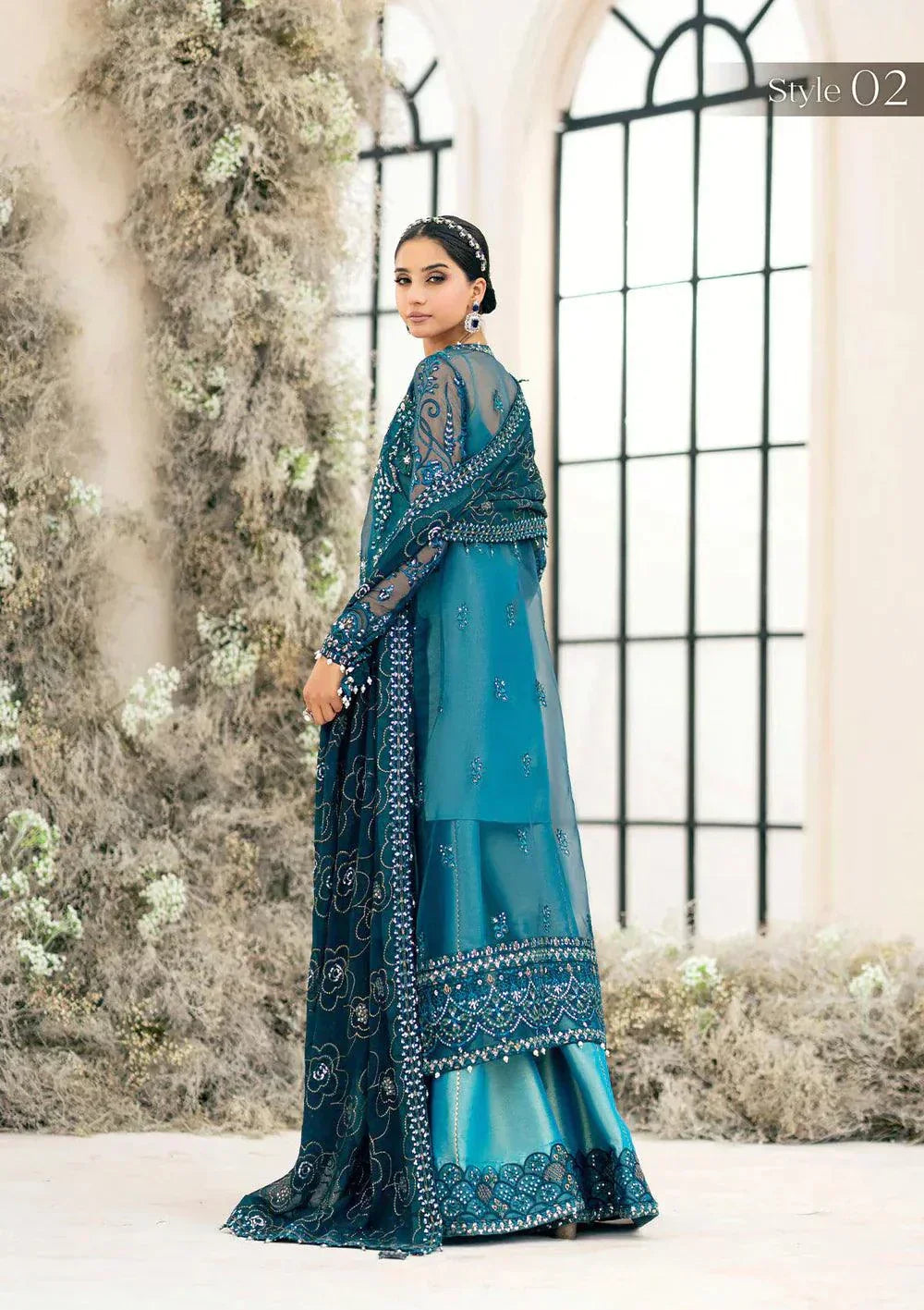 Aik Atelier Wedding Festive 23 LOOK 07 – Teal Designer Dress with intricate embroidery and embellishments. Shop elegant Wedding dress at Maria Faisal.