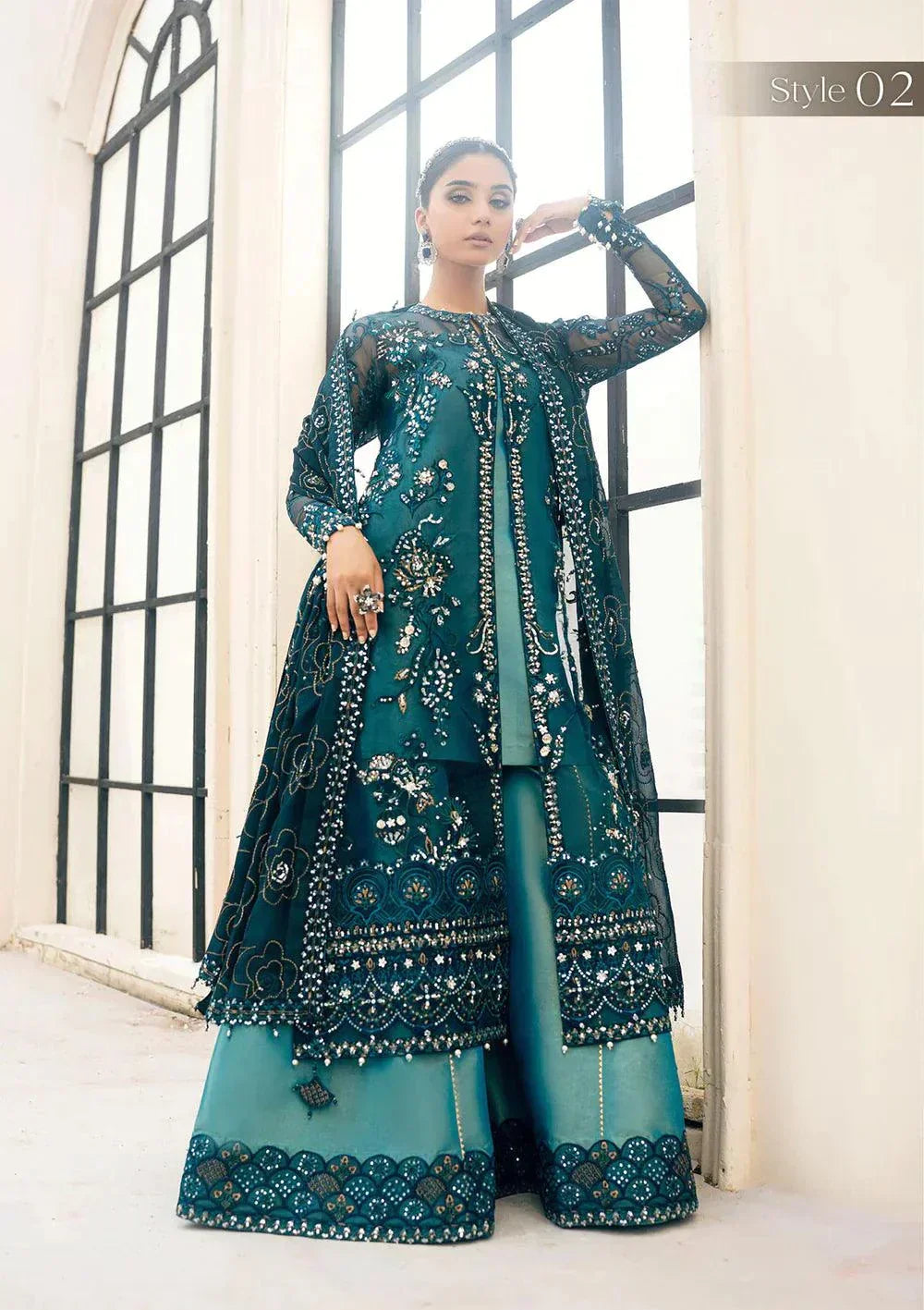 Aik Atelier Wedding Festive 23 LOOK 07 – Teal Designer Dress with intricate embroidery and embellishments. Shop elegant Wedding dress at Maria Faisal.