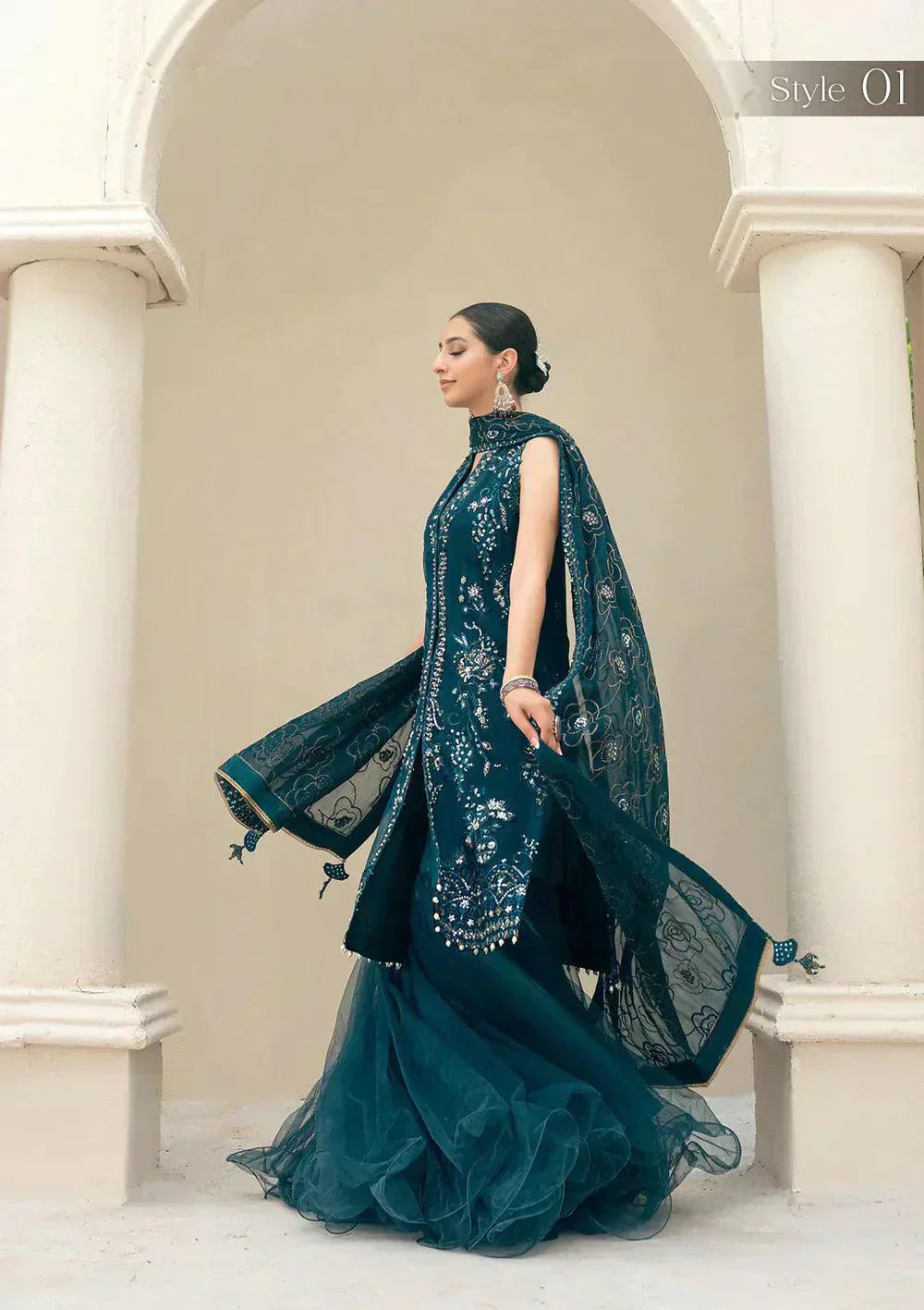 Aik Atelier Wedding Festive 23 LOOK 07 – Teal Designer Dress with intricate embroidery and embellishments. Shop elegant Wedding dress at Maria Faisal.