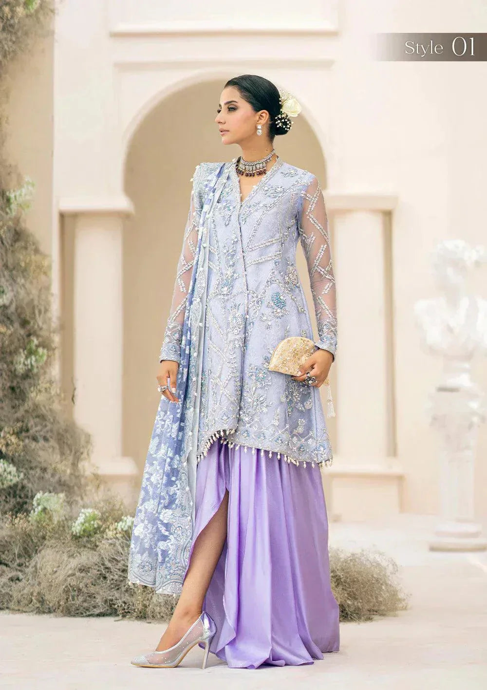Aik Atelier Wedding Festive 23 LOOK 08 – Lavender Designer Dress with intricate embroidery and embellishments. Shop elegant Wedding dress at Maria Faisal.