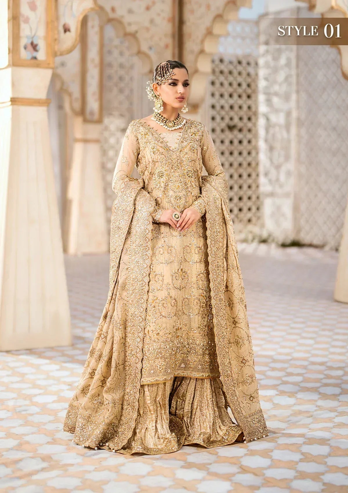 Aik Atelier Wedding Festive 24 LOOK 02 – Beige Designer Dress with intricate embroidery and embellishments. Shop elegant Asian dresses at Maria Faisal.