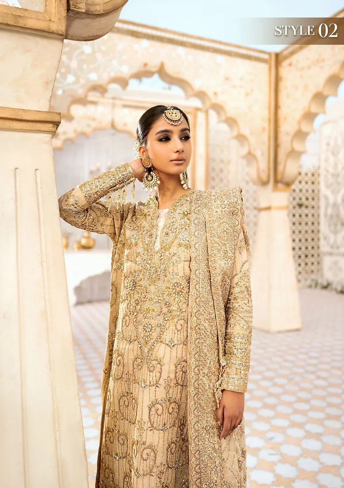 Aik Atelier Wedding Festive 24 LOOK 02 – Beige Designer Dress with intricate embroidery and embellishments. Shop elegant Asian dresses at Maria Faisal.