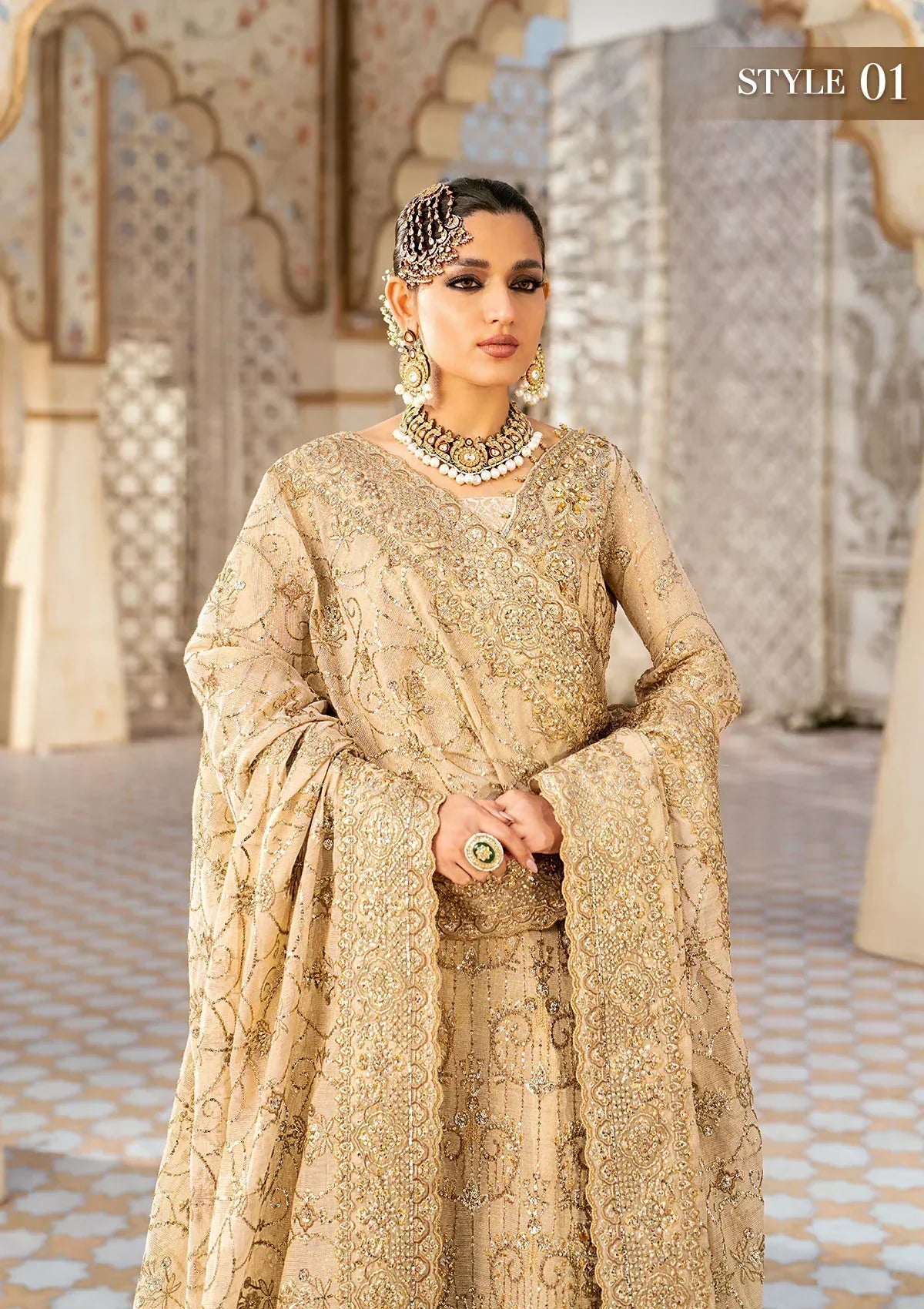 Aik Atelier Wedding Festive 24 LOOK 02 – Beige Designer Dress with intricate embroidery and embellishments. Shop wedding dresses at Maria Faisal.