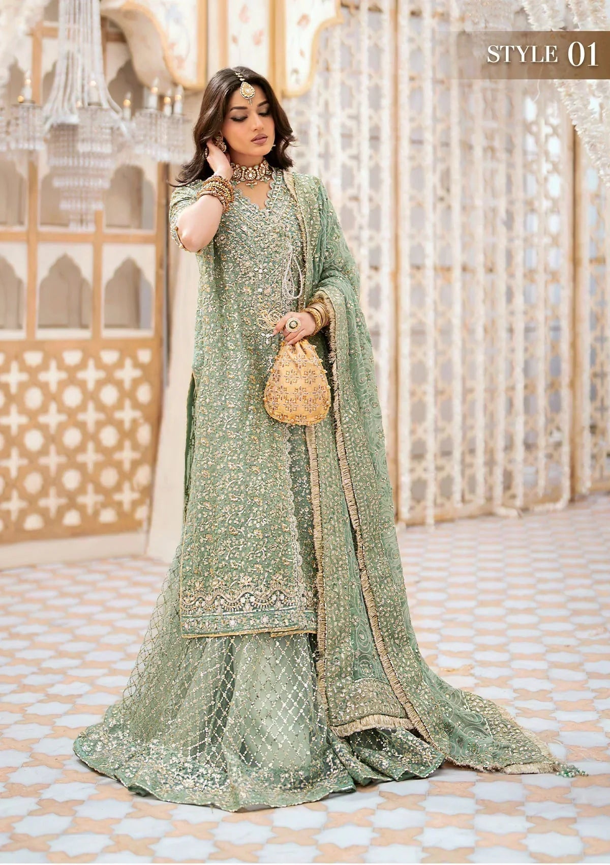 Aik Atelier Wedding Festive 24 LOOK 05 – Mint Green Designer Dress with intricate embroidery and embellishments. Shop wedding dresses at Maria Faisal.