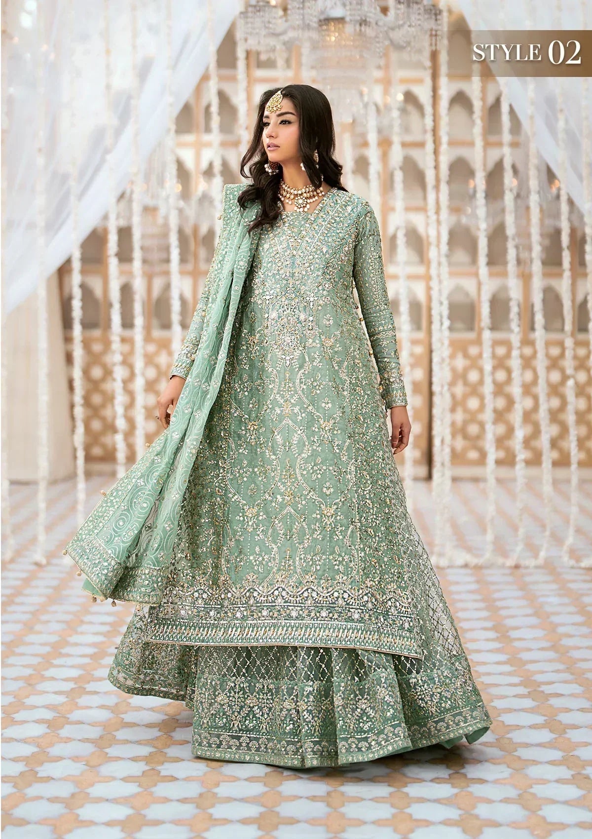 Aik Atelier Wedding Festive 24 LOOK 05 – Mint Green Designer Dress with intricate embroidery and embellishments. Shop wedding dresses at Maria Faisal.