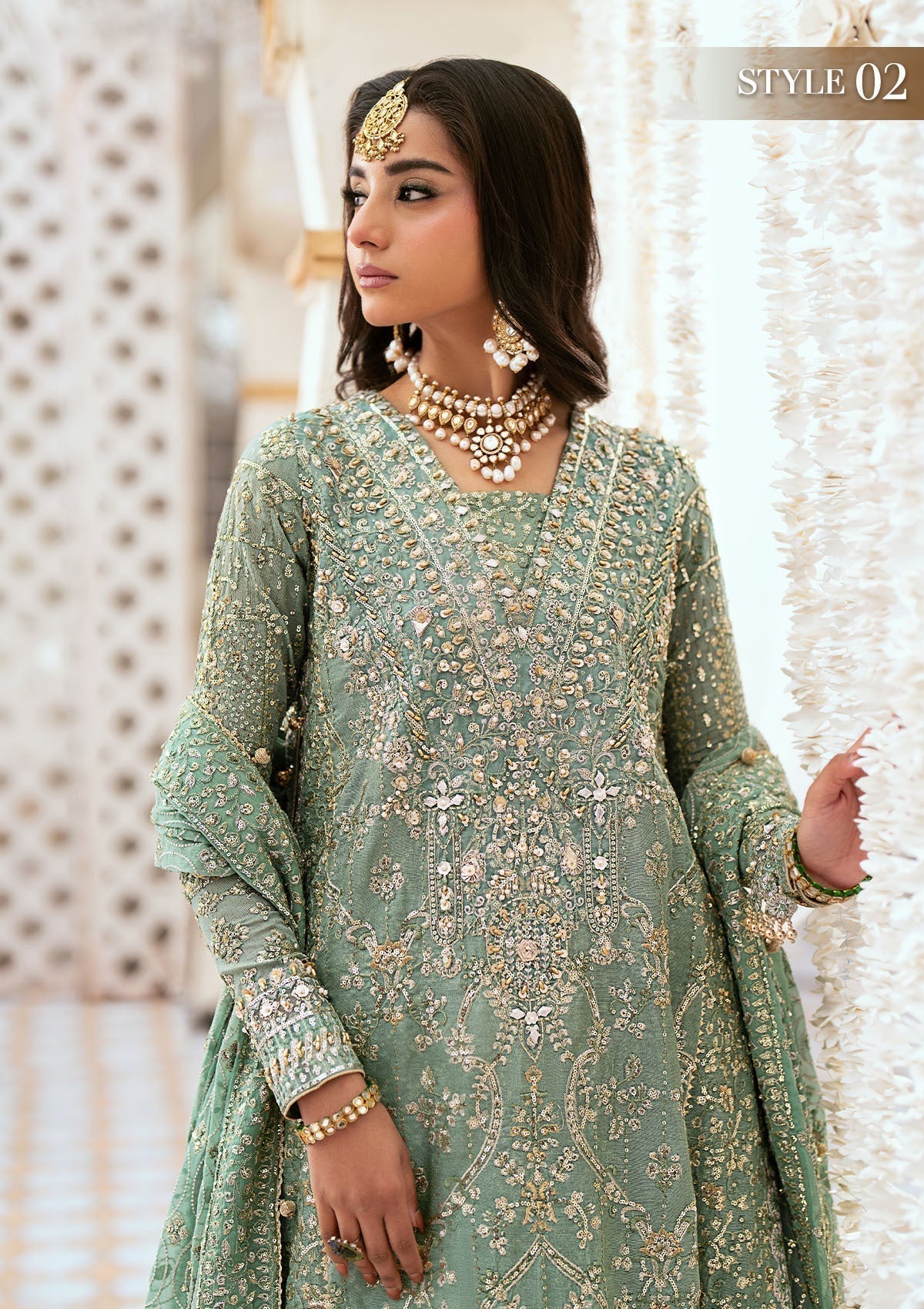 Aik Atelier Wedding Festive 24 LOOK 05 – Mint Green Designer Dress with intricate embroidery and embellishments. Shop wedding dresses at Maria Faisal.