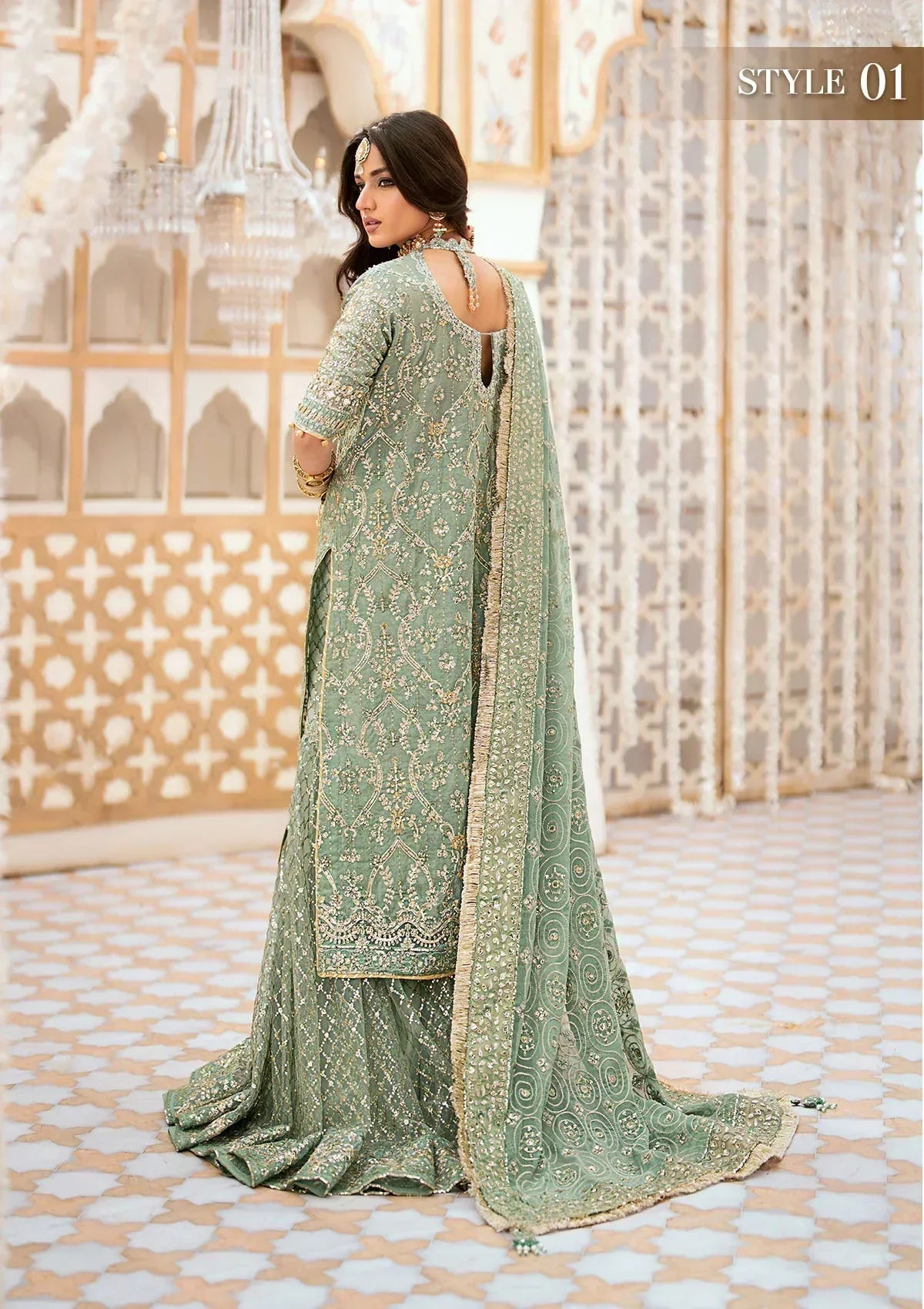 Aik Atelier Wedding Festive 24 LOOK 05 – Mint Green Designer Dress with intricate embroidery and embellishments. Shop wedding dresses at Maria Faisal.