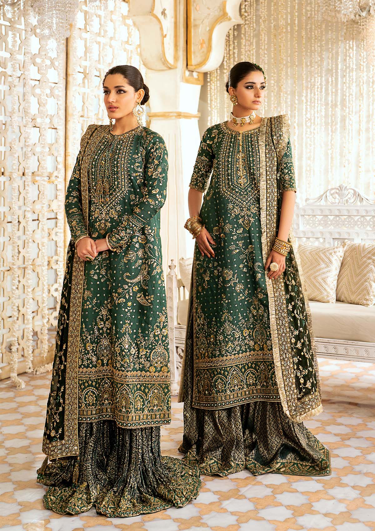 Aik Atelier Wedding Festive 24 LOOK 07 – Green Designer Dress with intricate embroidery and embellishments. Shop wedding dresses at Maria Faisal.