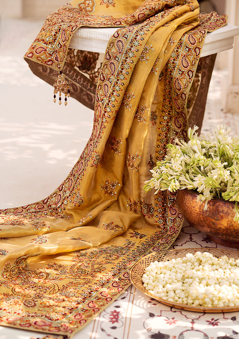 Aik Atelier | Wedding Festive 24 | INDIAN GOLD TISSUE SHAWL - Designer Dress with Intricate embroidery and embellishments. Shop elegent wedding dress at Maria Faisal.