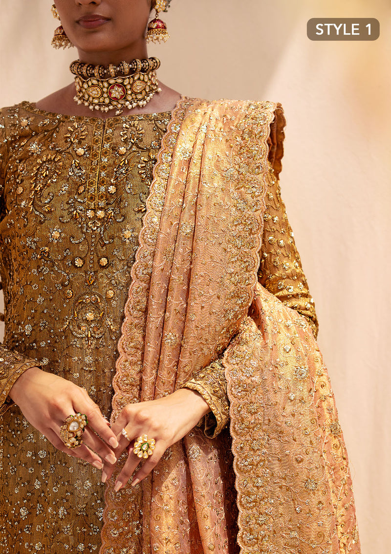 Aik Atelier Wedding Festive 24 Vol 2 LOOK 01 – Indian Gold Pakistani Dress with intricate embroidery and embellishments. Shop elegant Asian dresses at Maria Faisal.
