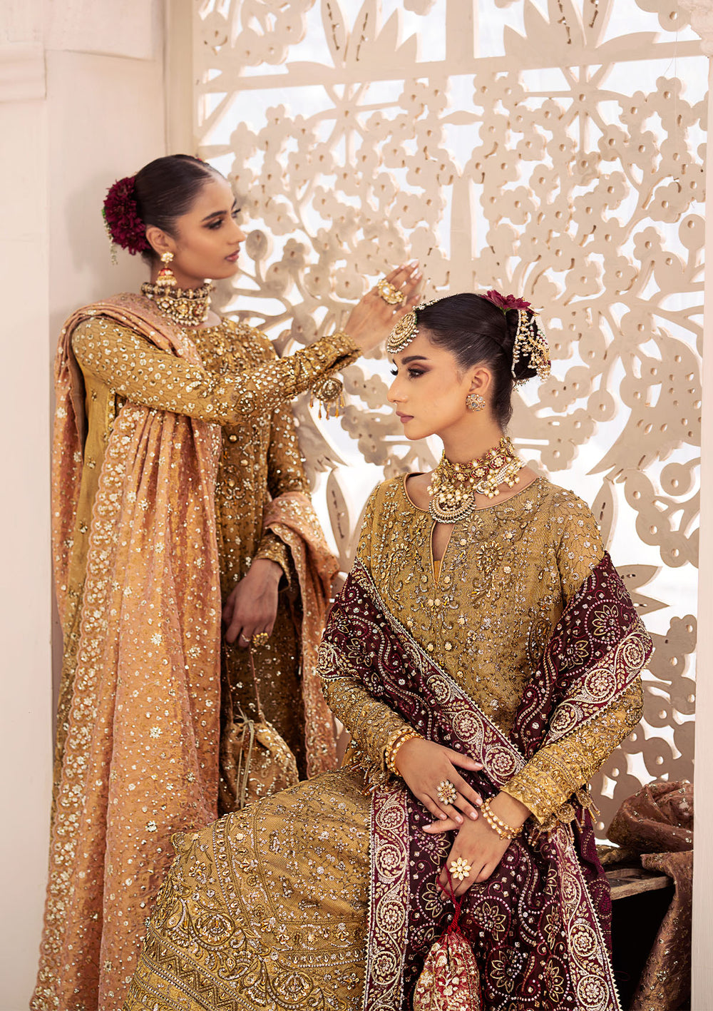 Aik Atelier Wedding Festive 24 Vol 2 LOOK 01 – Indian Gold Pakistani Dress with intricate embroidery and embellishments. Shop elegant Asian dresses at Maria Faisal.