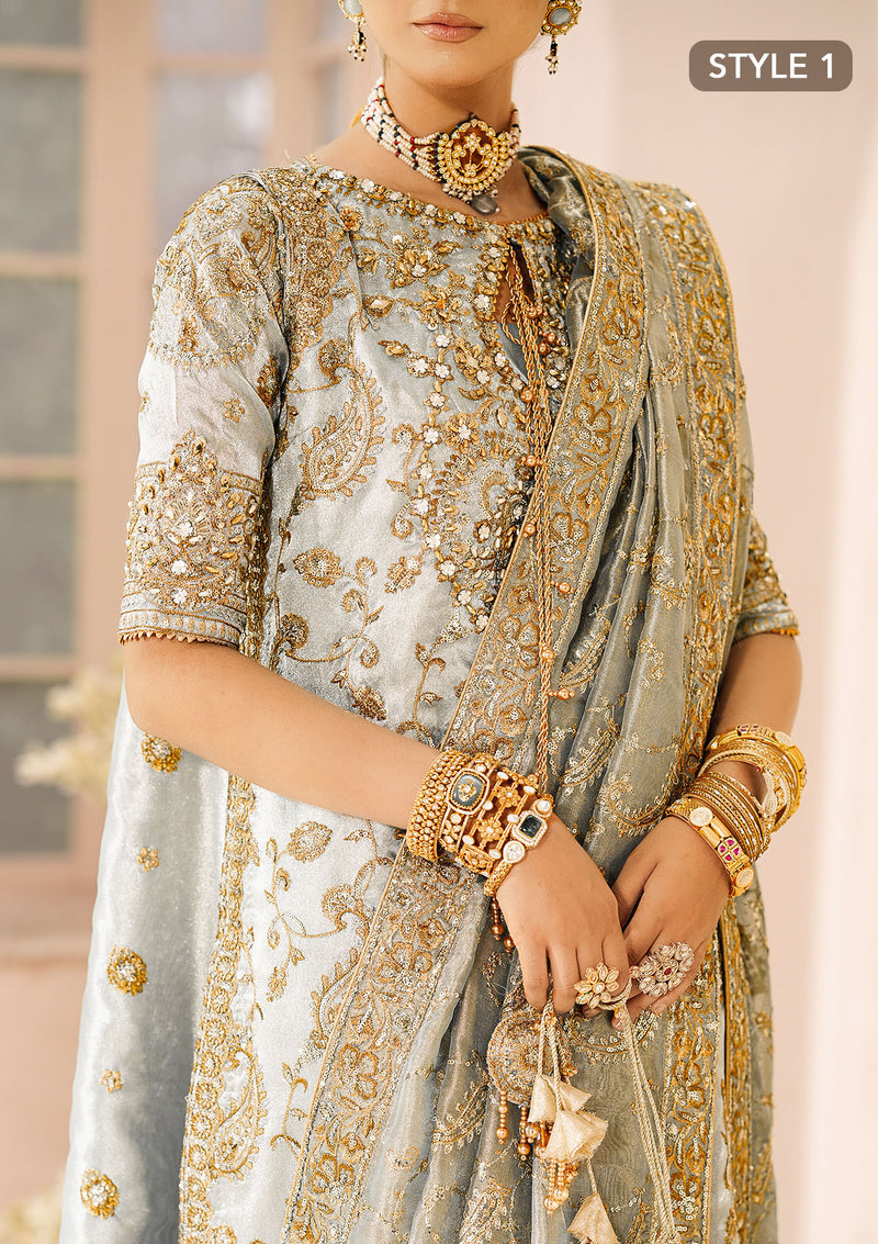 Aik Atelier Wedding Festive 24 Vol 2 LOOK 03 – Ice Blue Pakistani Dress with intricate embroidery and embellishments. Shop elegant Asian dresses at Maria Faisal.