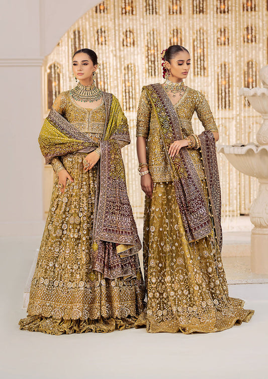 Aik Atelier Wedding Festive 24 Vol 2 LOOK 04 – Olive Pakistani Dress with intricate embroidery and embellishments. Shop elegant Asian dresses at Maria Faisal.