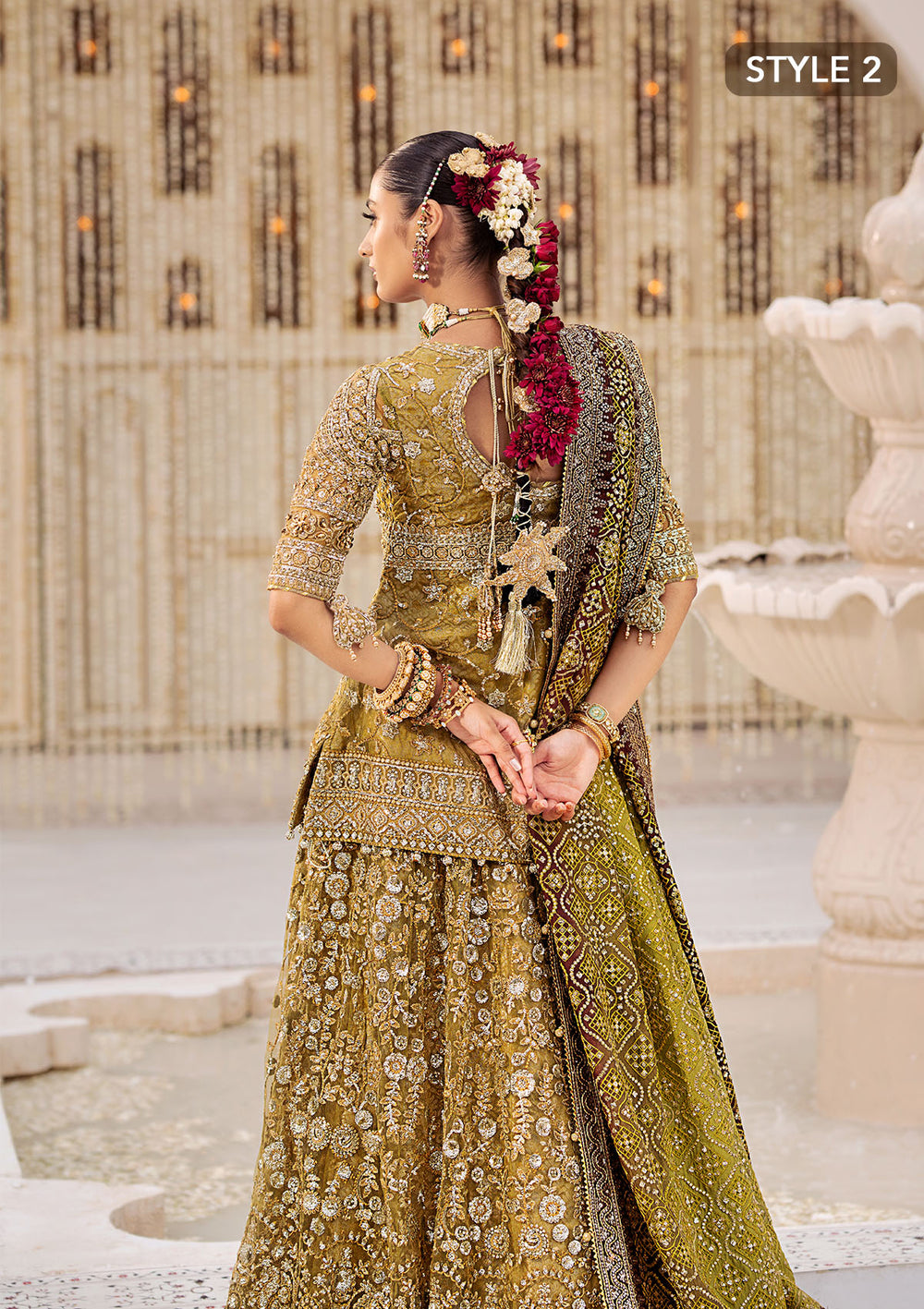 Aik Atelier Wedding Festive 24 Vol 2 LOOK 04 – Olive Pakistani Dress with intricate embroidery and embellishments. Shop elegant Asian dresses at Maria Faisal.