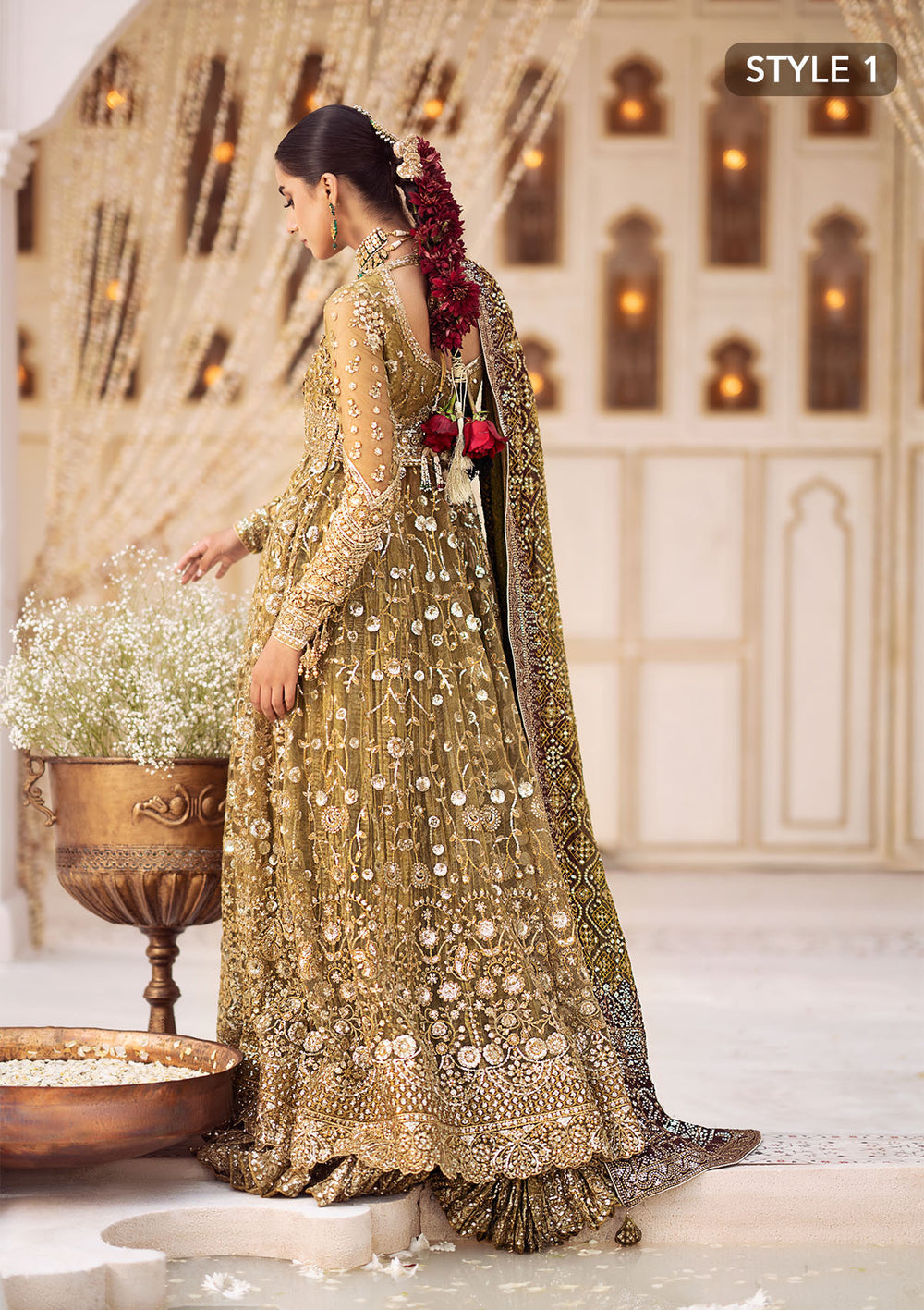 Aik Atelier Wedding Festive 24 Vol 2 LOOK 04 – Olive Pakistani Dress with intricate embroidery and embellishments. Shop elegant Asian dresses at Maria Faisal.