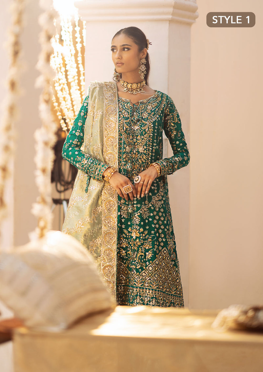 Aik Atelier Wedding Festive 24 Vol 2 LOOK 09 – Emerald Green Pakistani Dress with intricate embroidery and embellishments. Shop elegant Asian dresses at Maria Faisal.